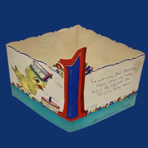 1942 Pop Up 1 year-old Birthday Hat Chick Duck Vintage Rust Craft Die-Cut Card - Picture 5 of 11